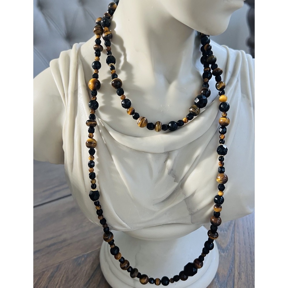 Vintage Artisan Tiger Eye Black Onyx Long Beaded Necklace 36" Boho Wraparound